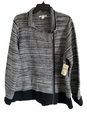 Coldwater Creek Black White Marled Cardigan Asymmetrical Zip Sweater XL (18)